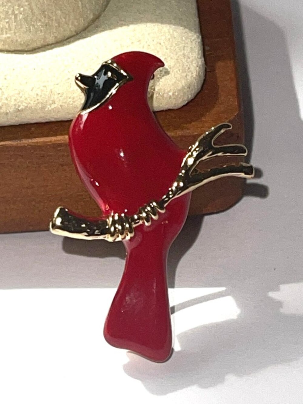 Cardinal Bird Brooch Pin With Gold-Tone Branch Red Enamel Finish Elegant & Whims